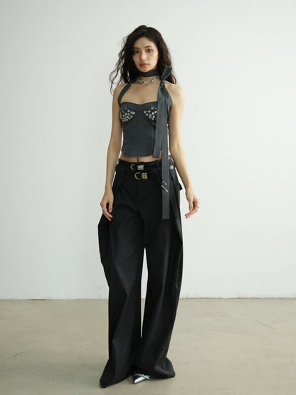 Double Waist Pants With Belt / Asymmetric Pocket Skirt