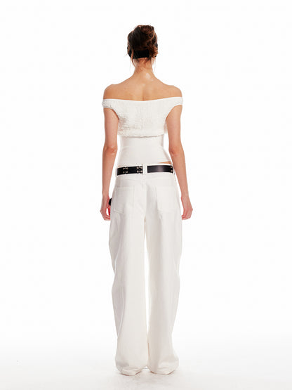Silk Off-Shoulder Shirred Crop Top