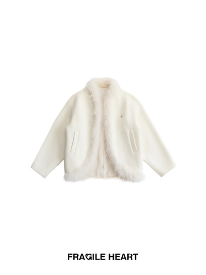 Wool-Blend Batwing Fleece Jacket With Fuzzy Trims