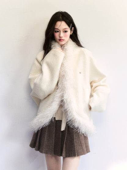 Wool-Blend Batwing Fleece Jacket With Fuzzy Trims