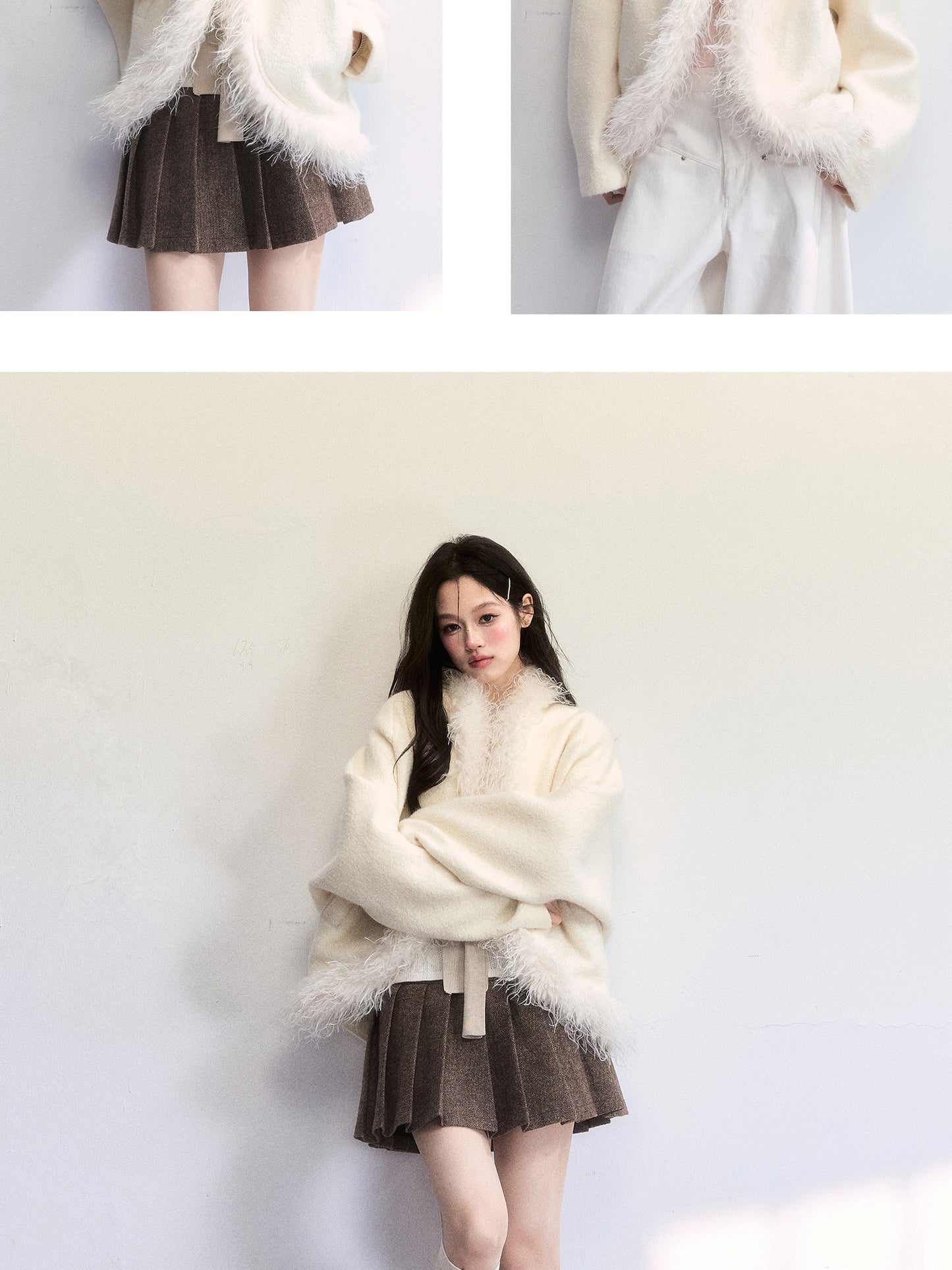 Wool-Blend Batwing Fleece Jacket With Fuzzy Trims