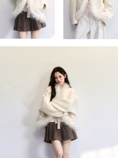 Wool-Blend Batwing Fleece Jacket With Fuzzy Trims