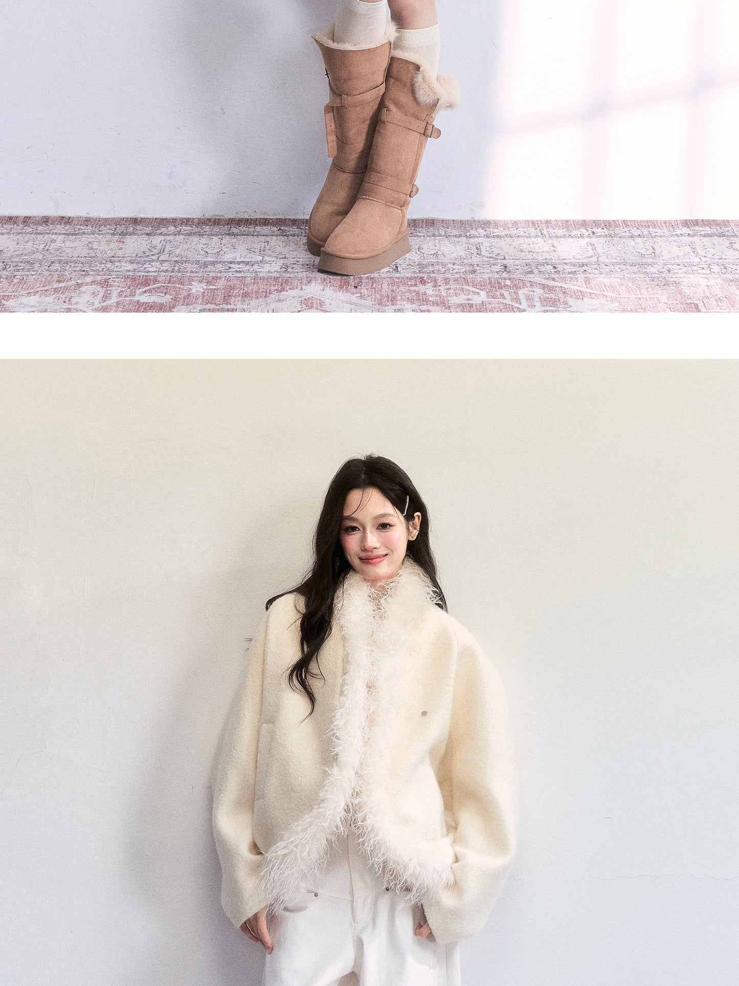 Wool-Blend Batwing Fleece Jacket With Fuzzy Trims