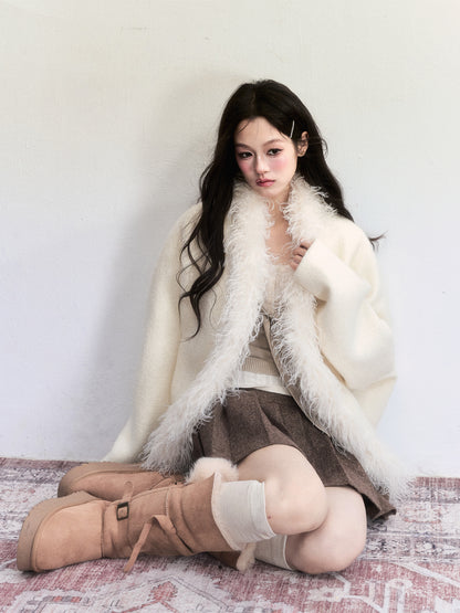 Wool-Blend Batwing Fleece Jacket With Fuzzy Trims