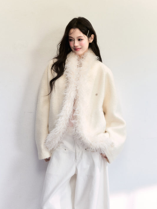 Wool-Blend Batwing Fleece Jacket With Fuzzy Trims