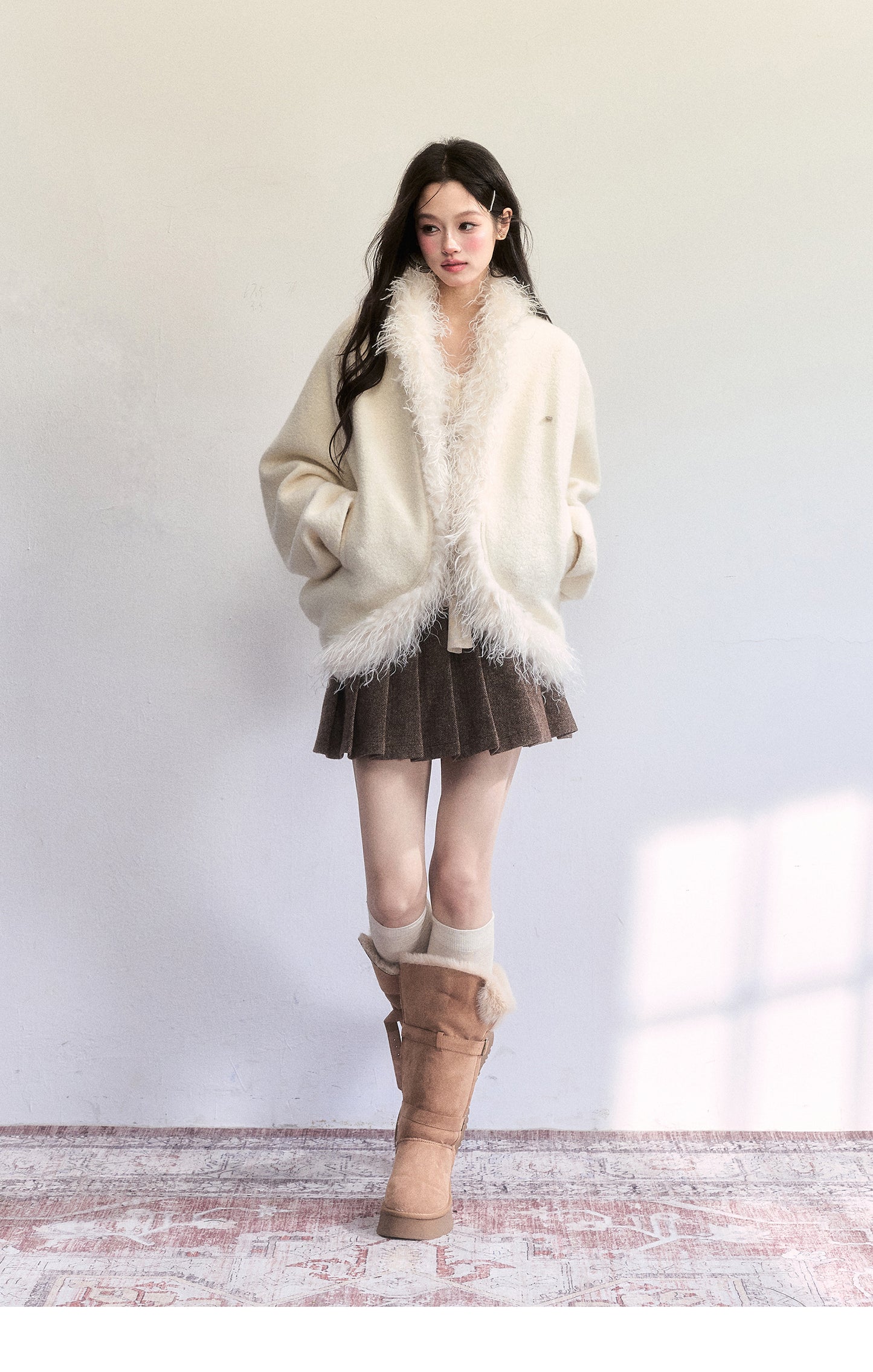 Wool-Blend Batwing Fleece Jacket With Fuzzy Trims