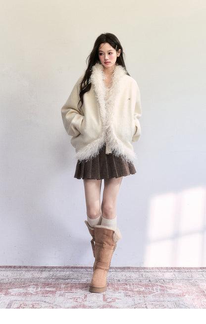 Wool-Blend Batwing Fleece Jacket With Fuzzy Trims