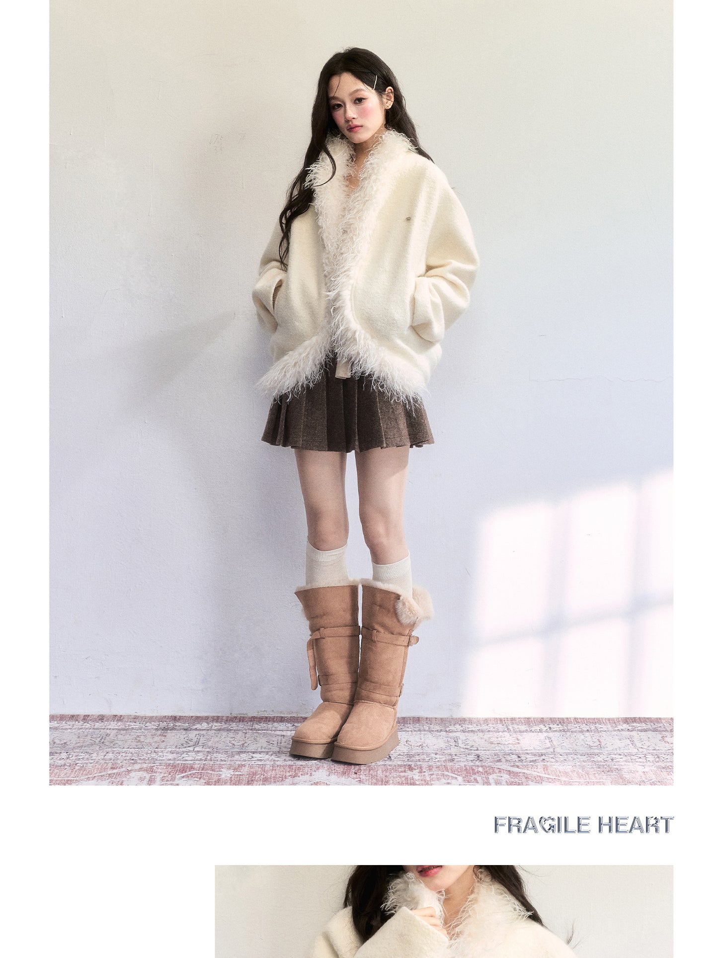 Wool-Blend Batwing Fleece Jacket With Fuzzy Trims