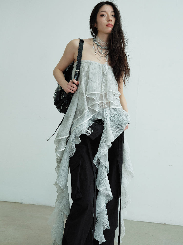 Convertible Asymmetric Ruffled Lace Tube Top & Skirt