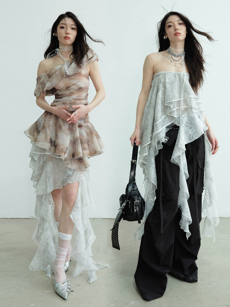 Convertible Asymmetric Ruffled Lace Tube Top & Skirt