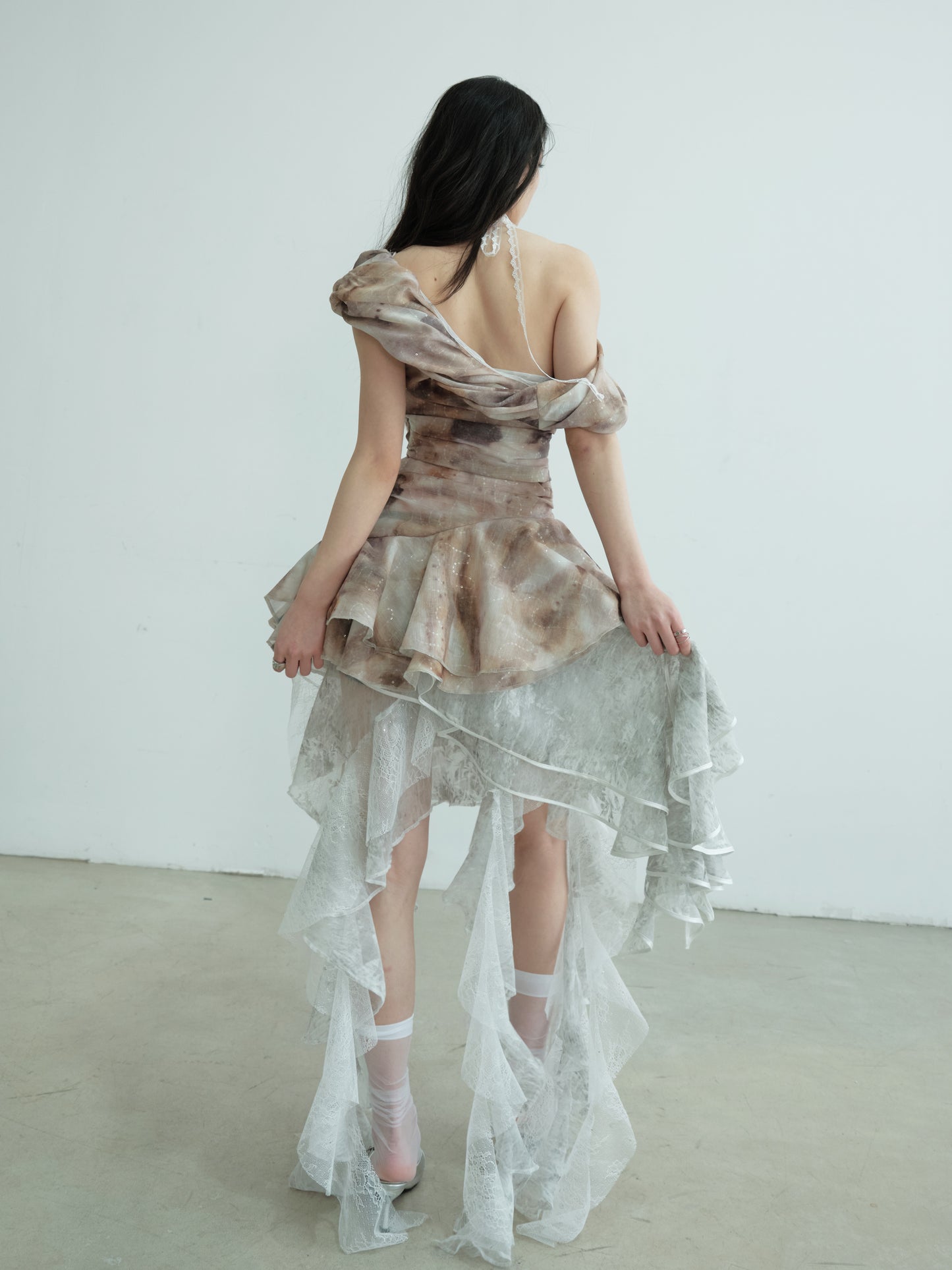 Convertible Asymmetric Ruffled Lace Tube Top & Skirt