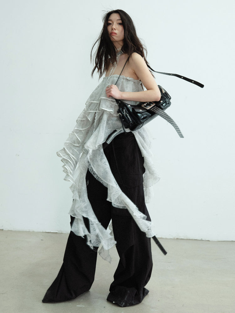 Convertible Asymmetric Ruffled Lace Tube Top & Skirt