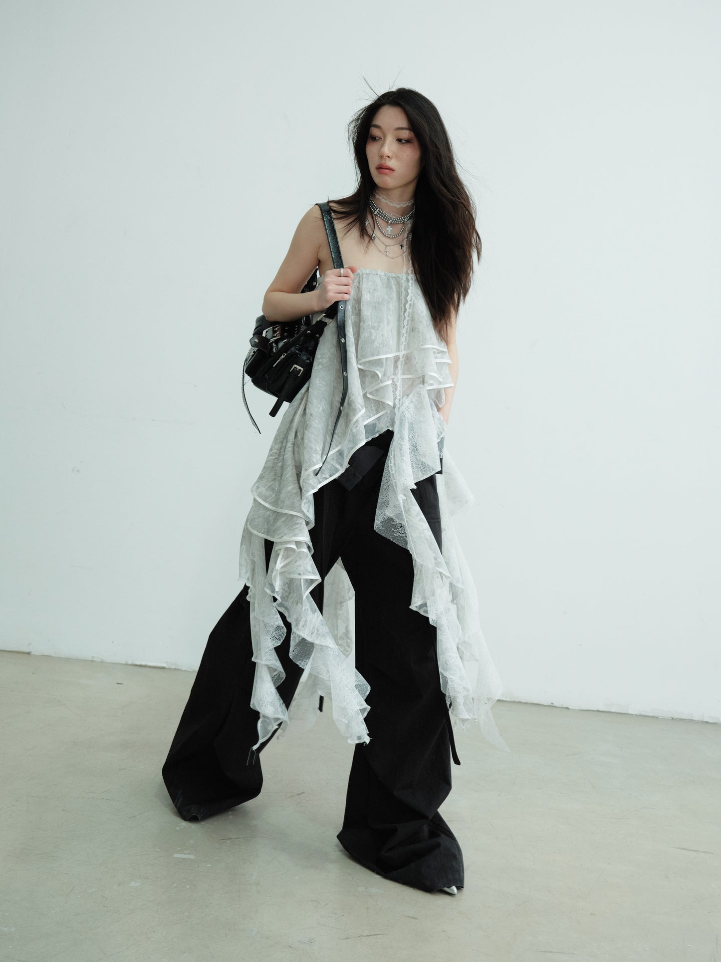 Convertible Asymmetric Ruffled Lace Tube Top & Skirt