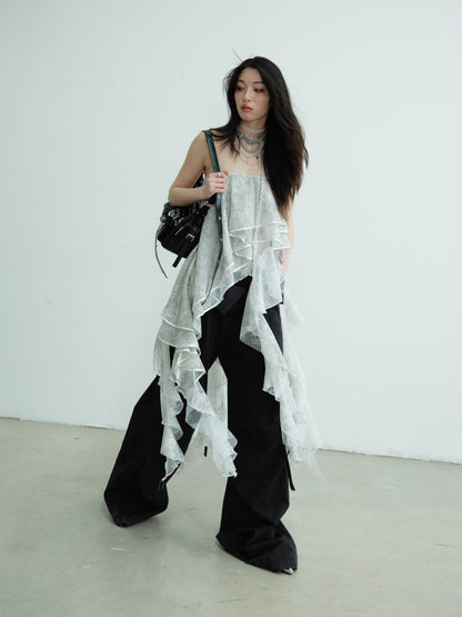 Convertible Asymmetric Ruffled Lace Tube Top & Skirt