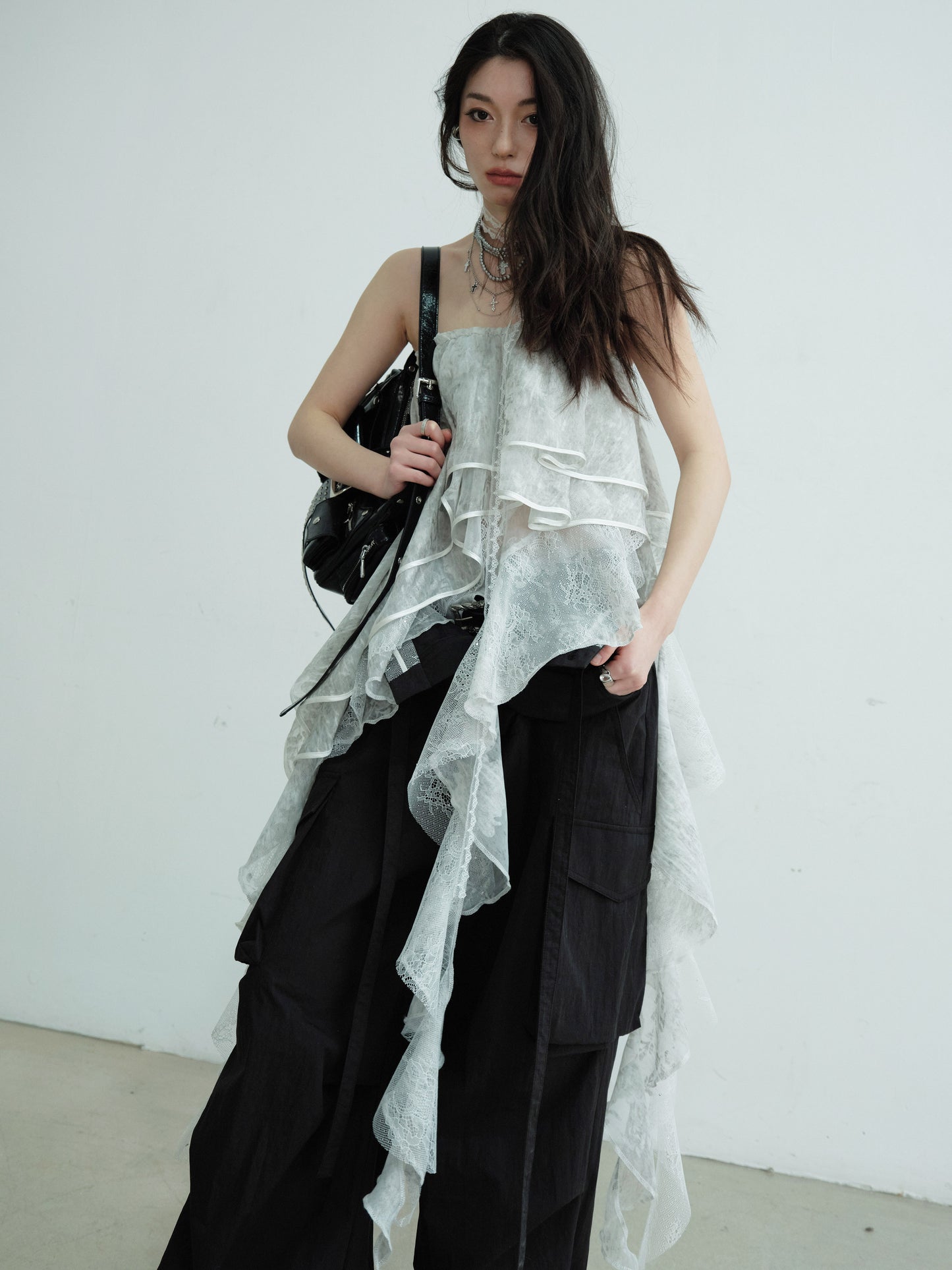 Convertible Asymmetric Ruffled Lace Tube Top & Skirt