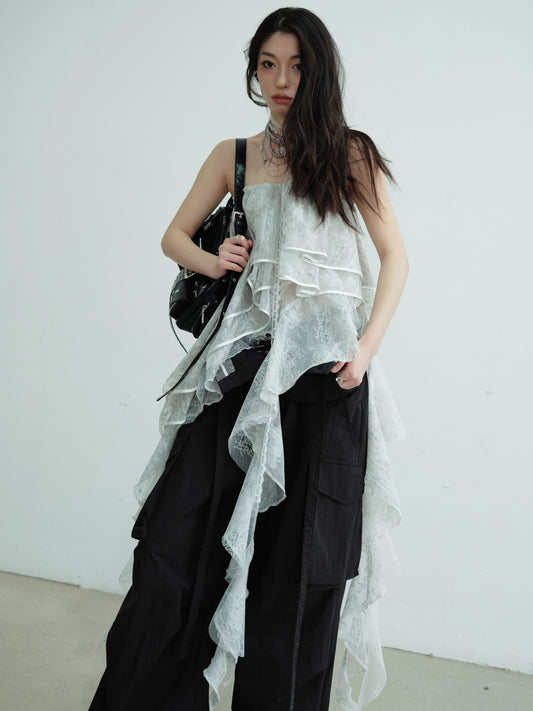 Convertible Asymmetric Ruffled Lace Tube Top & Skirt
