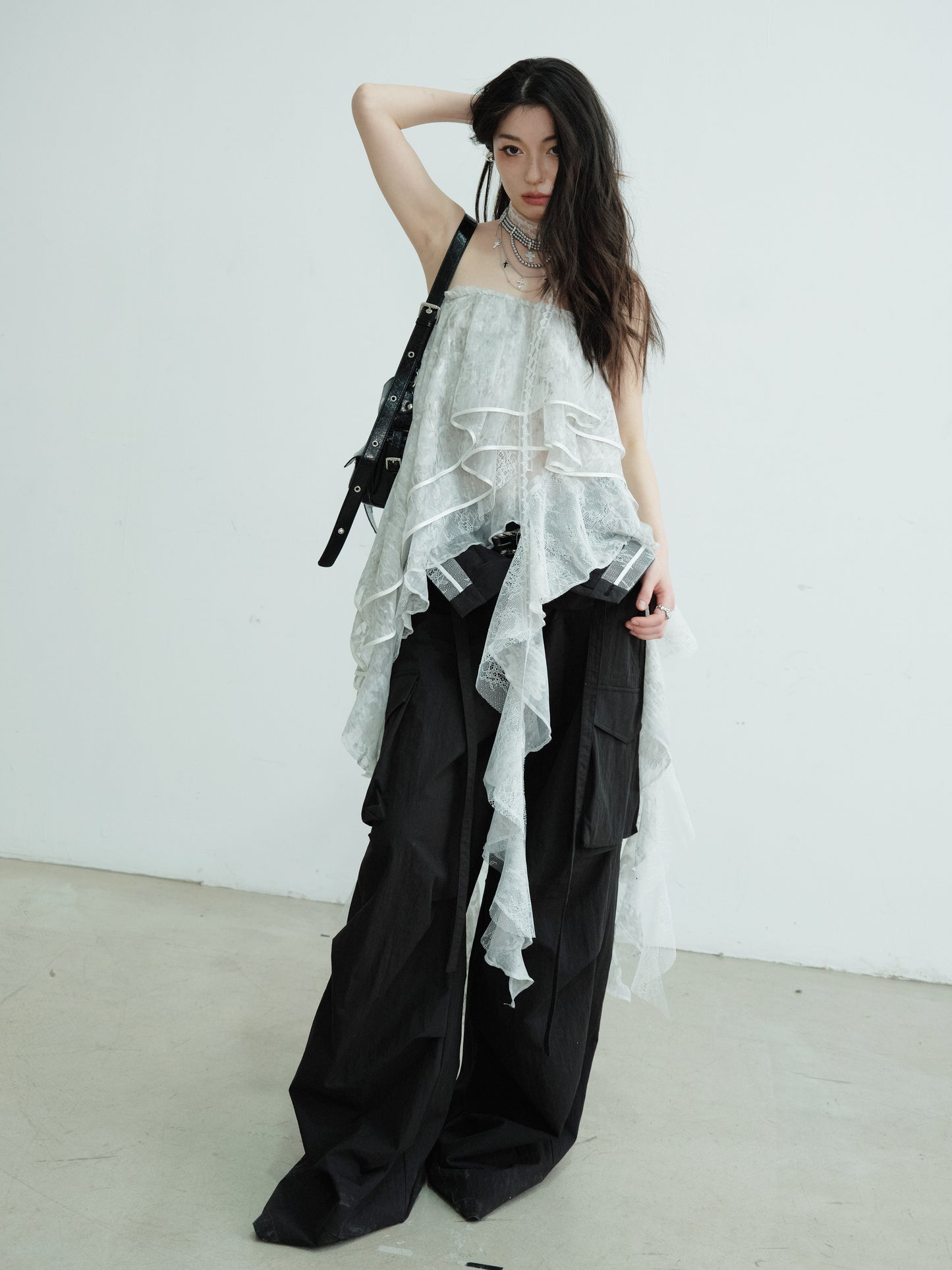 Convertible Asymmetric Ruffled Lace Tube Top & Skirt