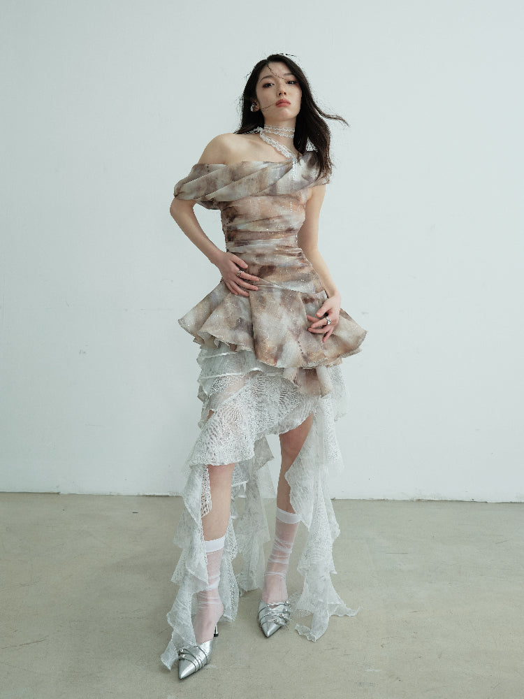 Convertible Asymmetric Ruffled Lace Tube Top & Skirt