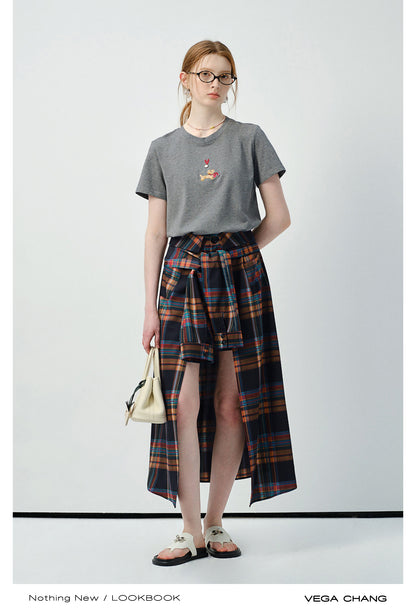 Puppy-Embroidered T-Shirt & Plaid Open-Front Skirt