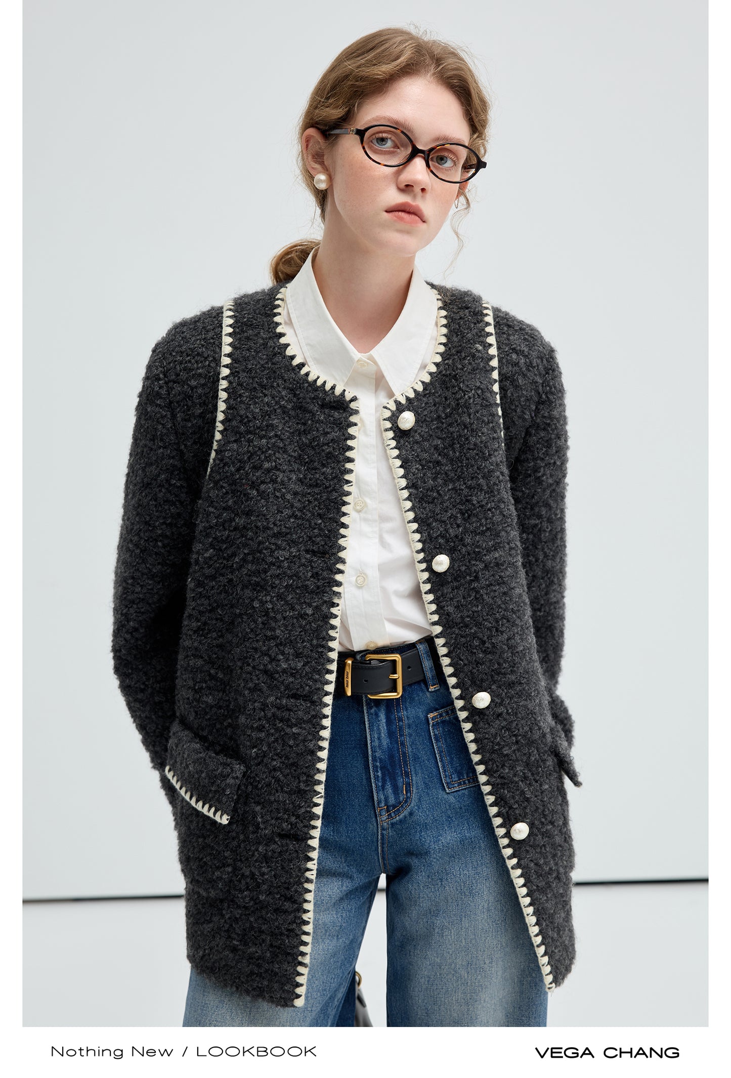 Wool Blend Stitch Trim Collarless Jacket