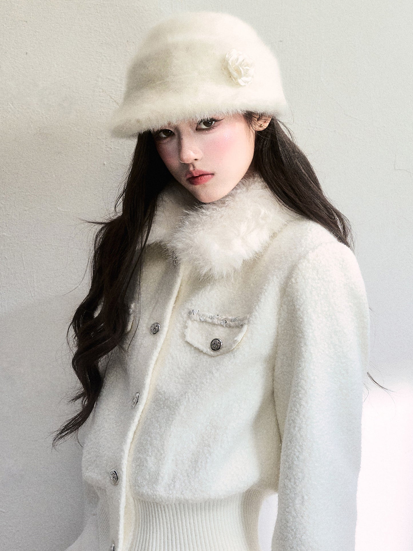 Soft Fur Bucket Hat With Decorative Flower