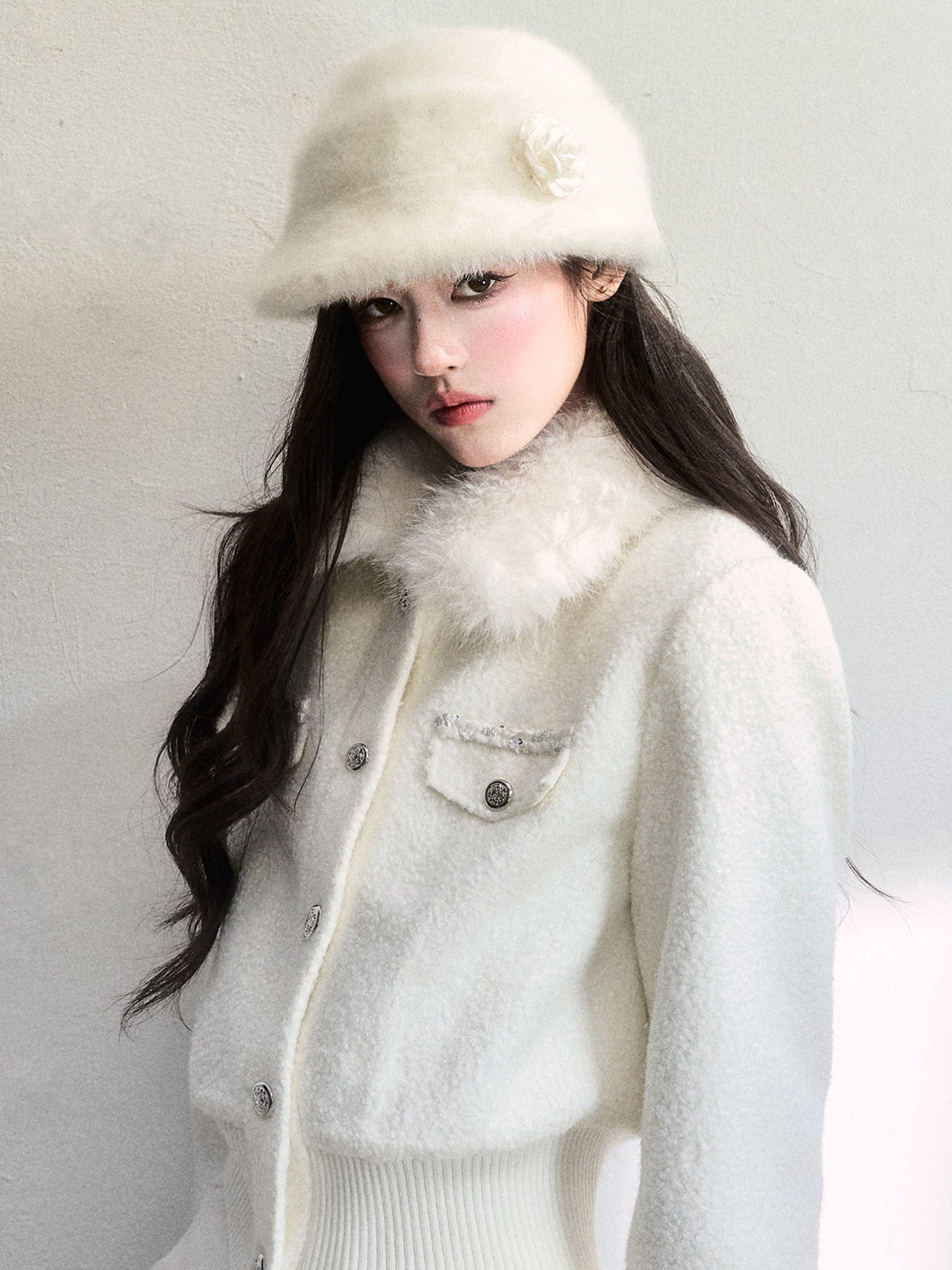 Soft Fur Bucket Hat With Decorative Flower