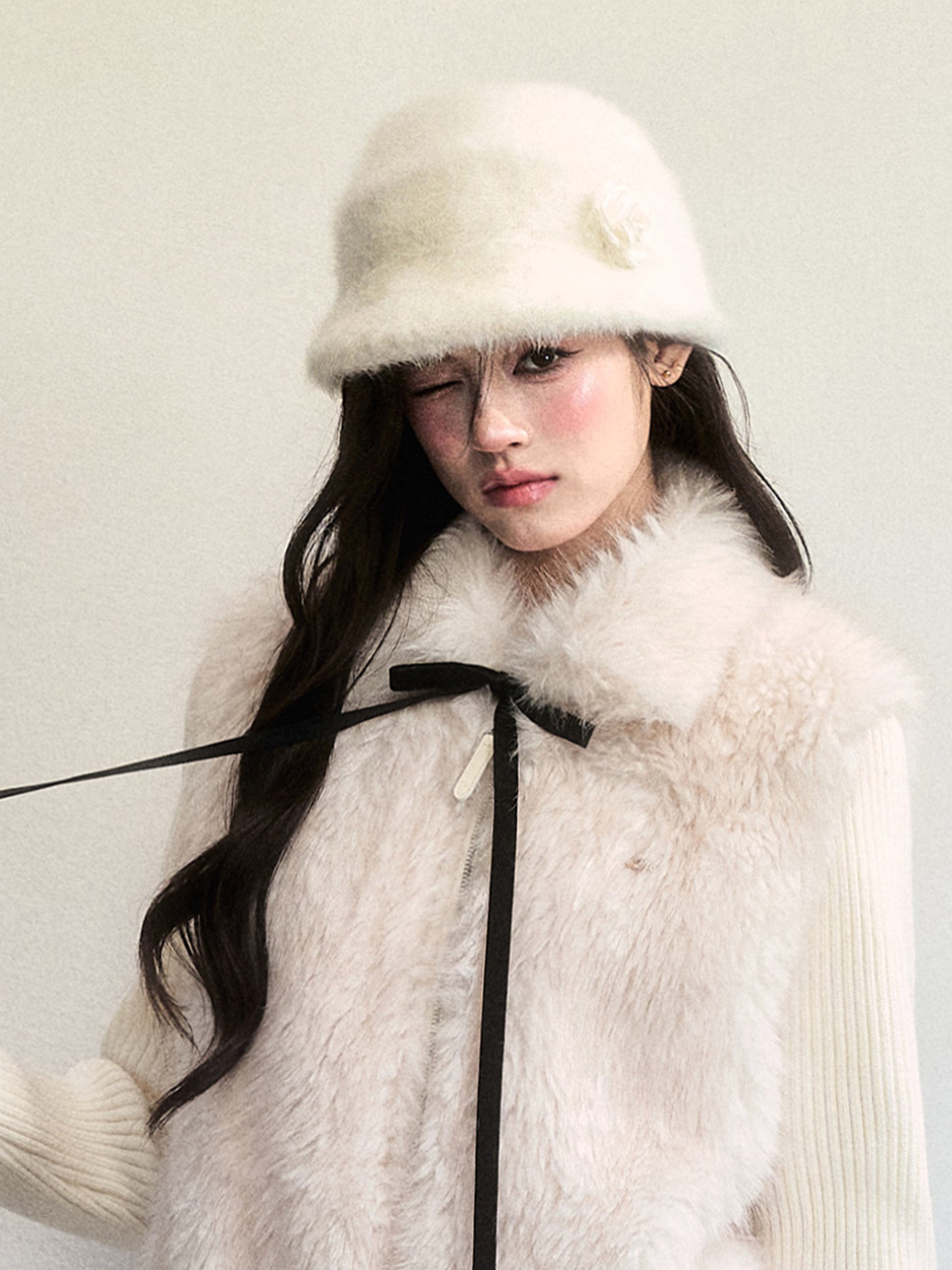 Soft Fur Bucket Hat With Decorative Flower