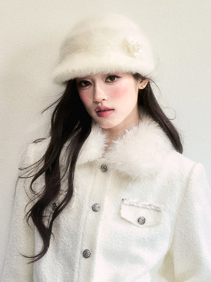 Soft Fur Bucket Hat With Decorative Flower