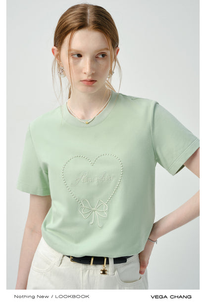 Cotton T-Shirt With Monotone Heart Motif