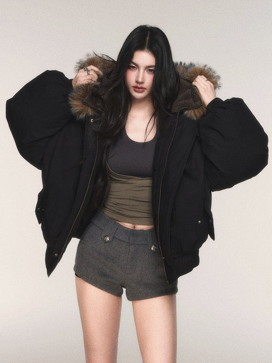 Hooded Padded Jacket With Large Faux Fur Trim