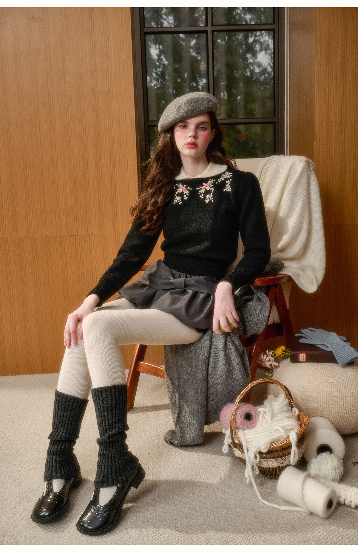 Cotton Blend Floral Embroidery Knit Top