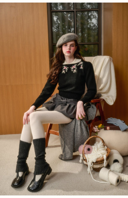 Cotton Blend Floral Embroidery Knit Top