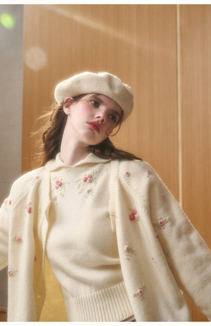 Cotton Blend Floral Embroidery Knit Top