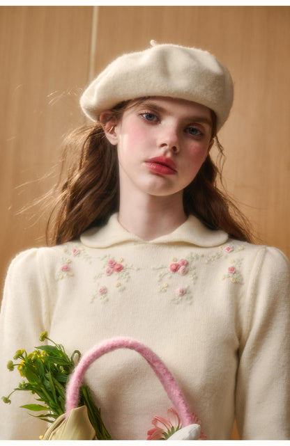 Cotton Blend Floral Embroidery Knit Top