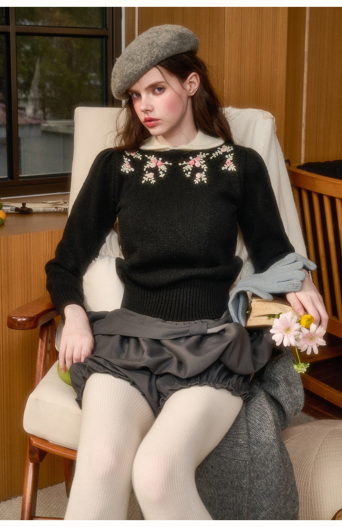 Cotton Blend Floral Embroidery Knit Top