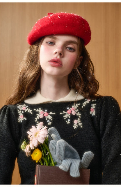 Cotton Blend Floral Embroidery Knit Top