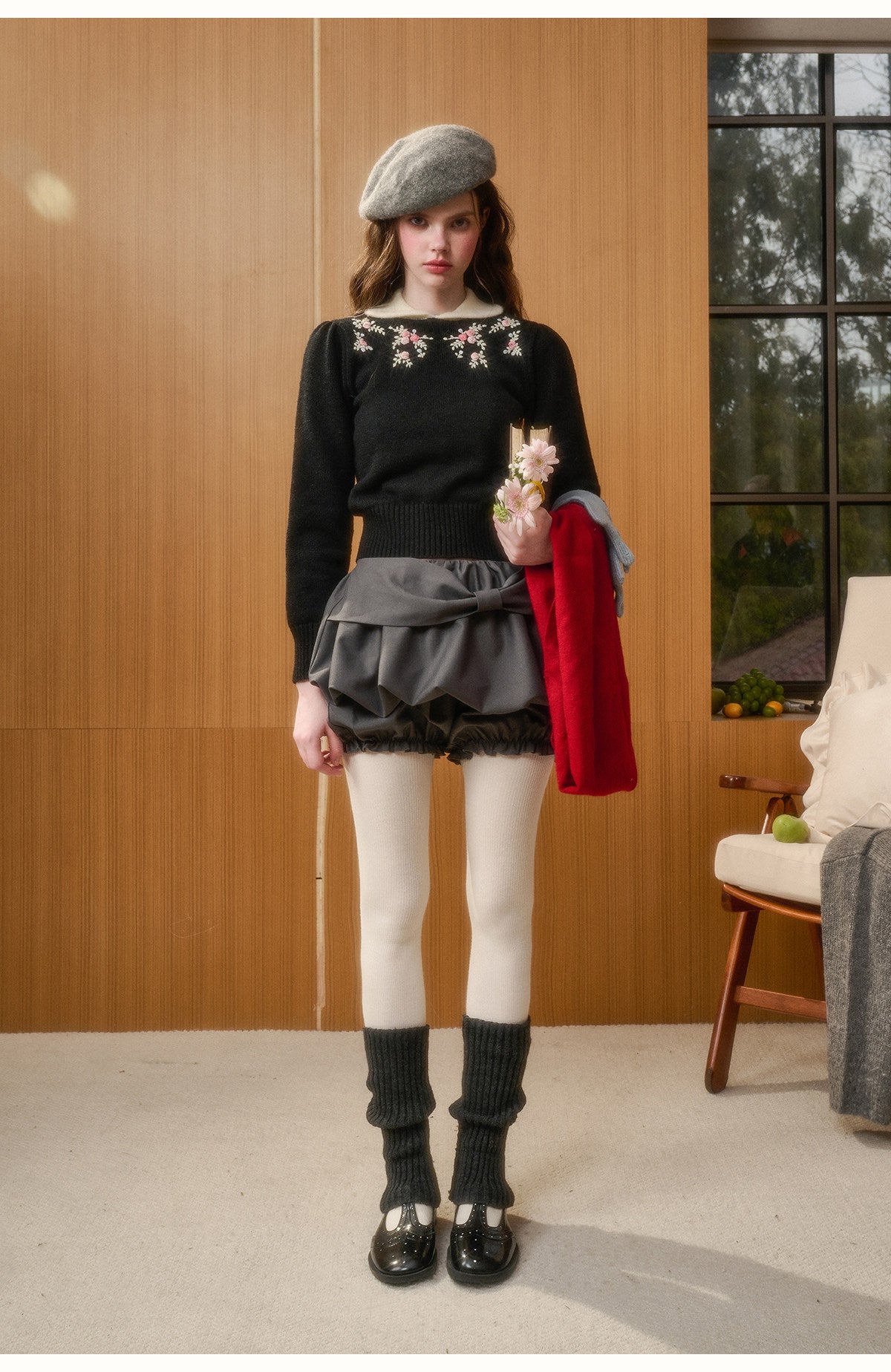 Cotton Blend Floral Embroidery Knit Top