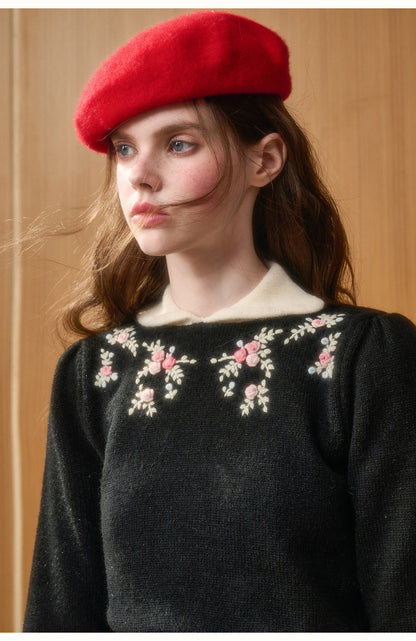 Cotton Blend Floral Embroidery Knit Top