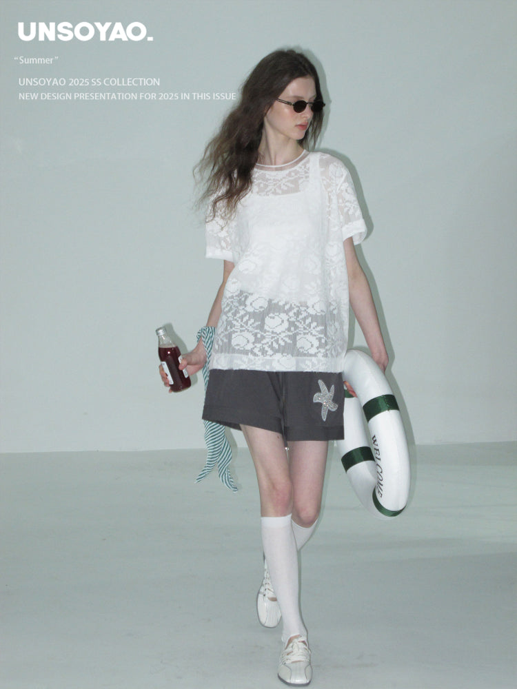 Sheer Floral Jacquard Lace T-Shirt