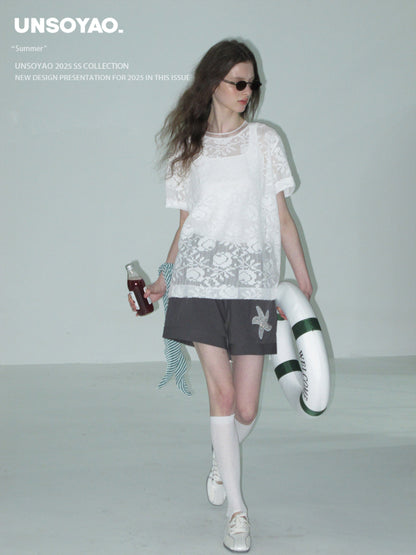 Sheer Floral Jacquard Lace T-Shirt