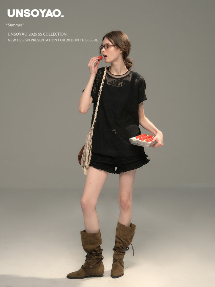 Sheer Floral Jacquard Lace T-Shirt