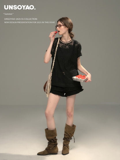 Sheer Floral Jacquard Lace T-Shirt