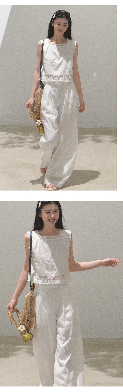 Lace Trimmed Sleeveless Linen Blend Top