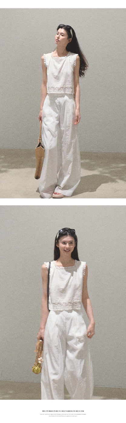 Lace Trimmed Sleeveless Linen Blend Top