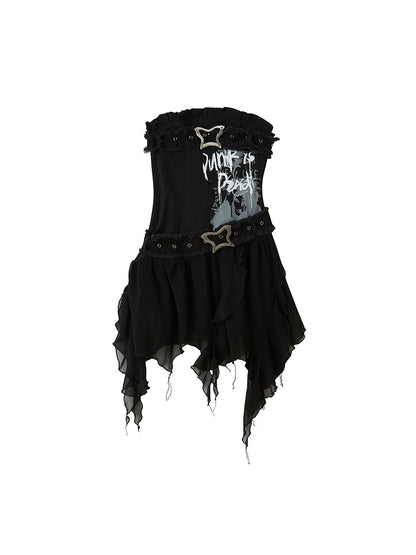 Graffiti Tube Dress With Butterfly Buckle Belt