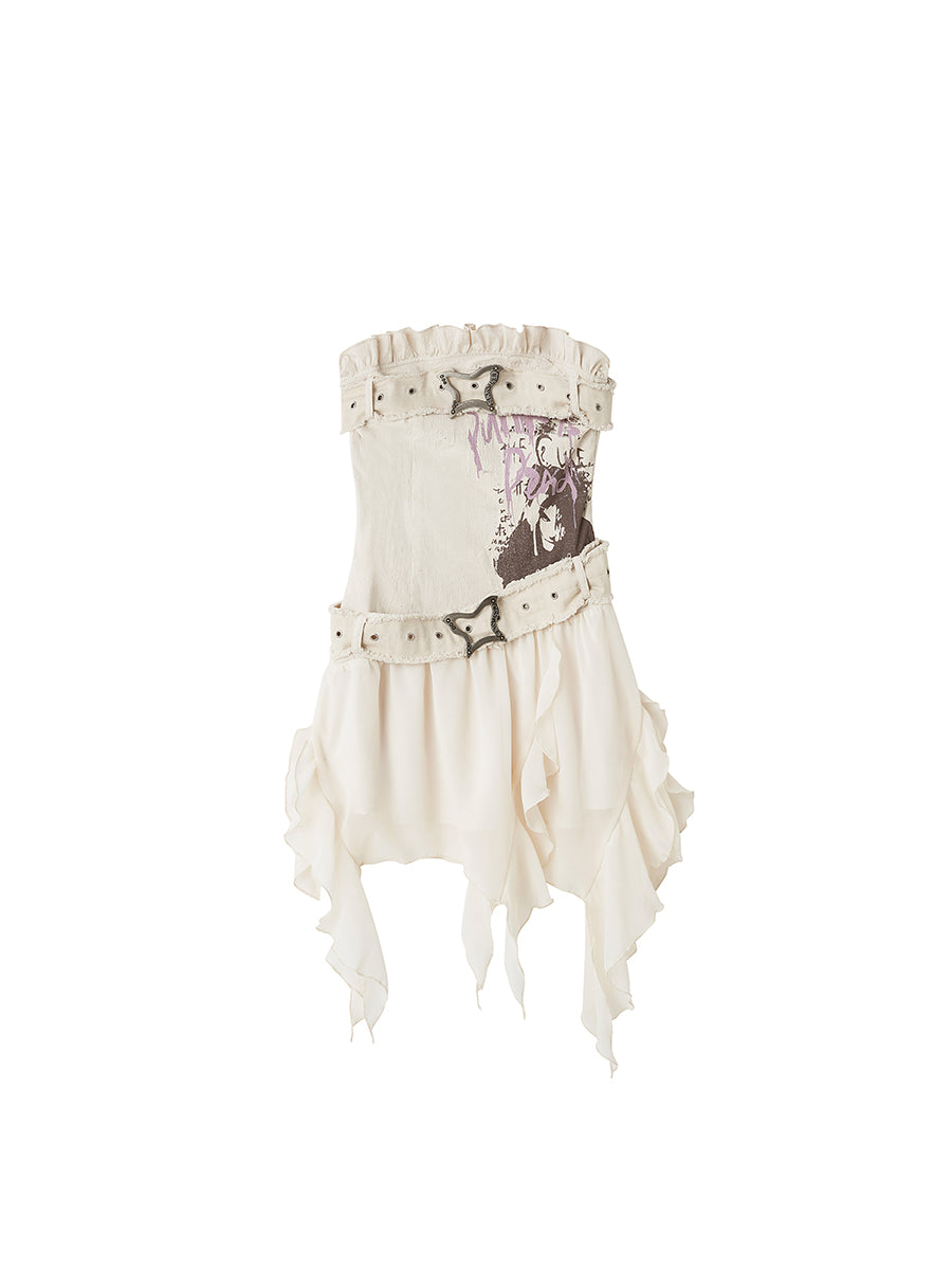 Graffiti Tube Dress With Butterfly Buckle Belt