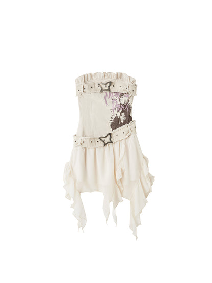Graffiti Tube Dress With Butterfly Buckle Belt