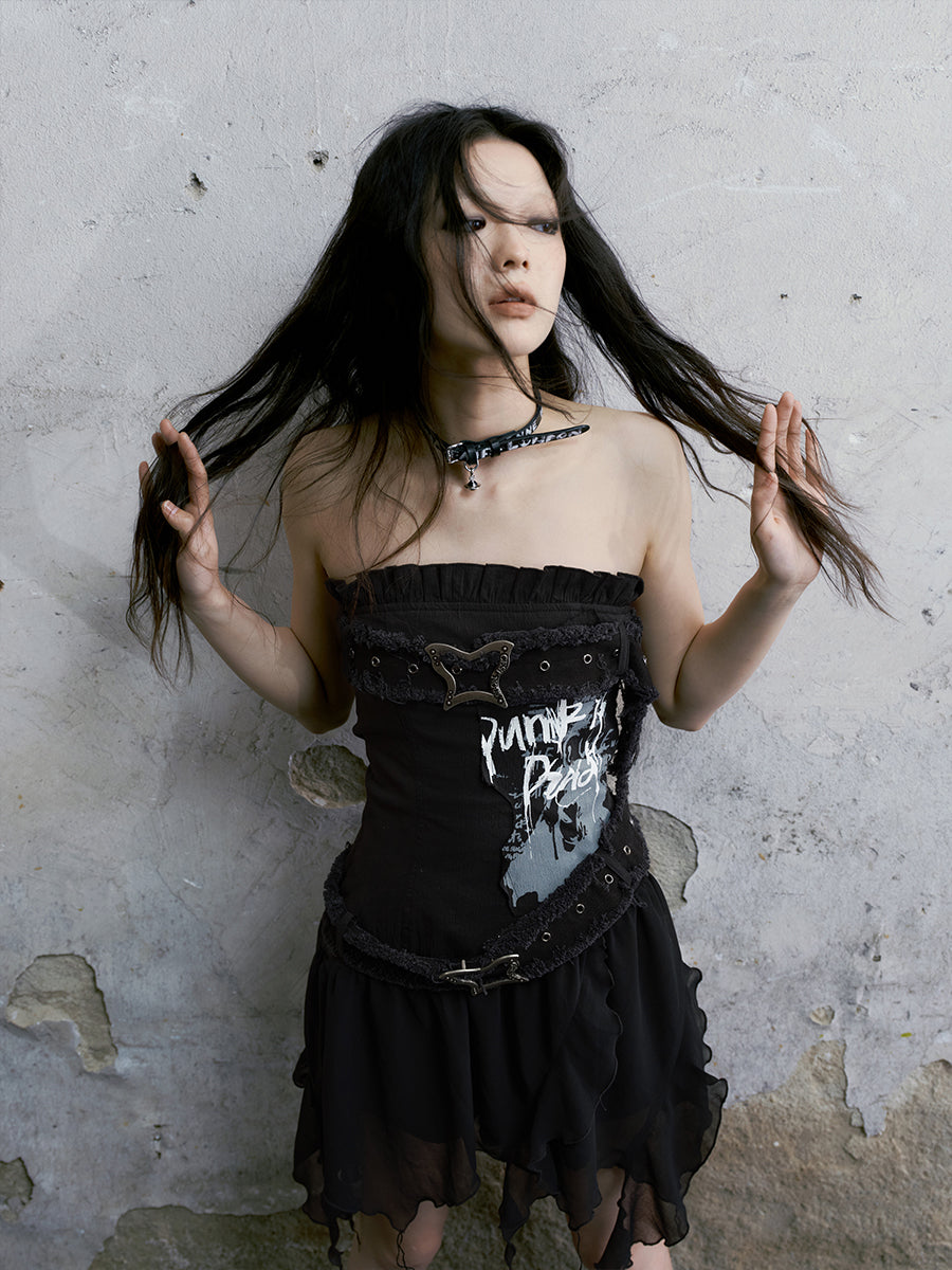 Graffiti Tube Dress With Butterfly Buckle Belt
