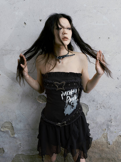 Graffiti Tube Dress With Butterfly Buckle Belt