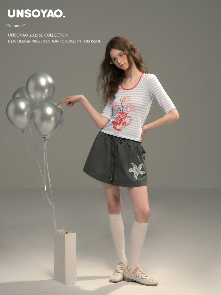 Sequin Starfish Patch Cotton Shorts